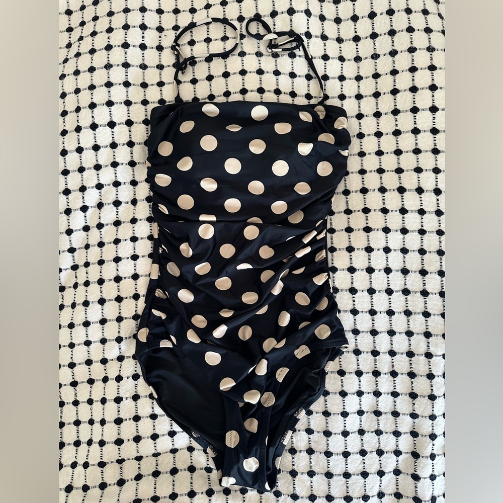 NWOT J Crew One Piece Ruched Bandeau Bathing Suit size 2 Long Torso, polka dot
